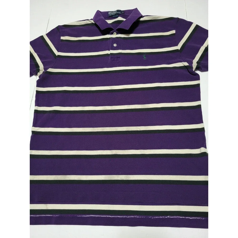 (#L7) Polo Ralph Lauren Mens Large Purple Black Striped Short Sleeve
